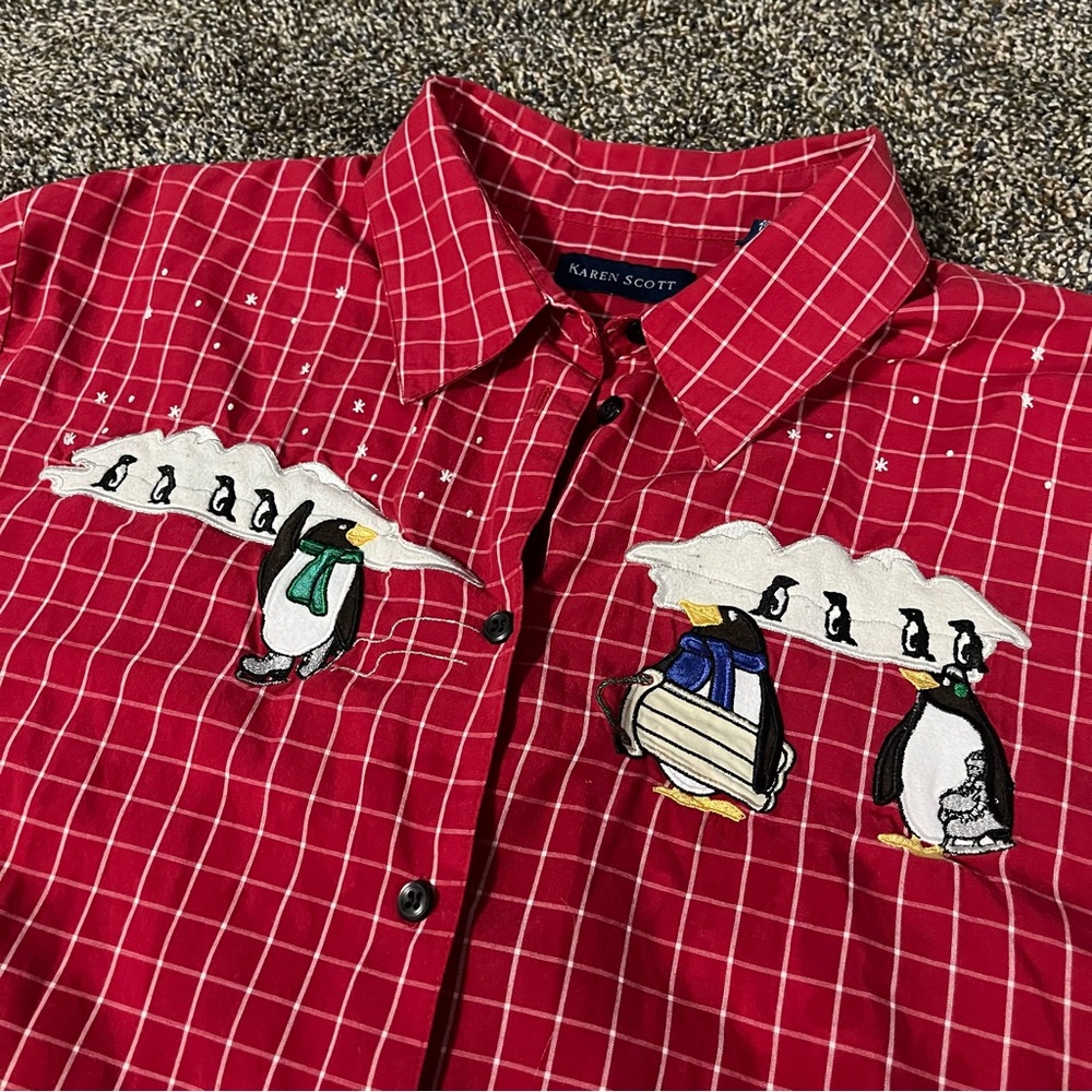 Karen Scott women’s XL red check Christmas button down penguins ice skating top